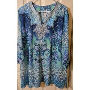 Chico's Blue Paisley Semi Sheer Chiffon Womens Tunic Top Sz 3 (XL) Artsy Beaded